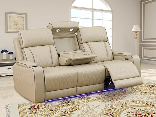 Breathing Leather Power Reclining Sofa, Living Room Furniture, Brown Power Recliner Sofa Couch with 2 Recliner Seats/Cup Holders/LED Light/USB Port for Living Room, Apartment, Office, Rv Car