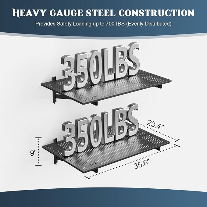 2 Pack Heavy Duty Garage Wall Shelving (2x3ft), 700lbs Capacity Garage Shelving Wall Mounted, 24"x72"Garage Storage Rack Floating Shelves, Black