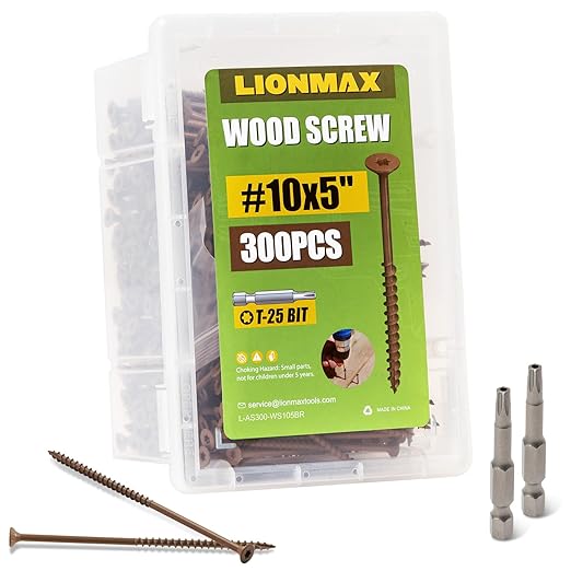 LIONMAX Wood Screws 5 Inch, Deck Screws #10 x 5, 300 PCS, Rust Resistant, Epoxy Coated, Exterior Wood Screw, Outdoor Decking Screws, Torx/Star Drive Head, T25 Star Bit Included, Brown