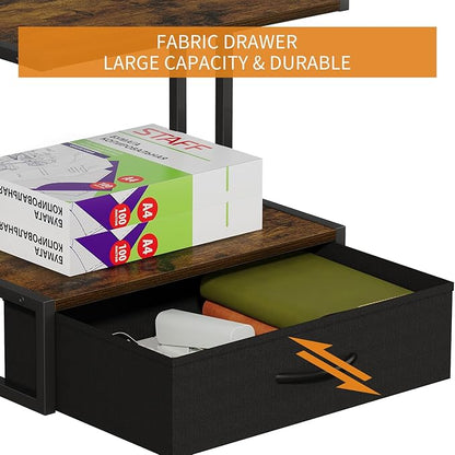 Printer Stand with Storage for Desk, with Fabric Drawer Desktop Printer Stand Shelf Organzier for Home Office, for Above and Under Desk Printer Table, Fax Machine Copier Scanner, Brown