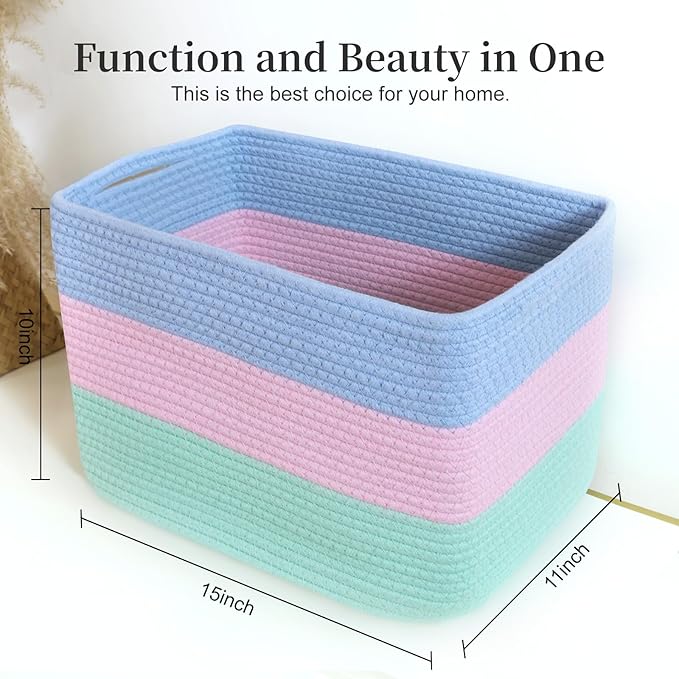 Hopegiver Rainbow Storage Baskets Set of 3, Cotton Rope Toy Storage Bins with Handles, Colorful Woven Nursery & Kids Playroom Organizer Baskets