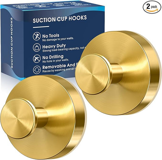 Suction Cup Hooks for Shower,Removable Shower Towel Suction Hooks for Bathroom Wall,Kitchen,Glass,Mirror,Tile to Hang Robes,Loofah-Gold(2-Pack)