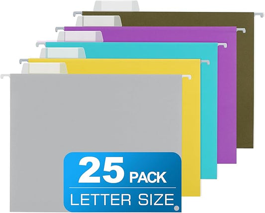 25 Packs Hanging File Folders,5 Assorted Colors,Letter Size 8.5x11,Hanging File Folders with 1/5-cut Tabs,File Folders for Filing Cabinet with Tabs,Designed for Bulky Files,Ideal Office,School