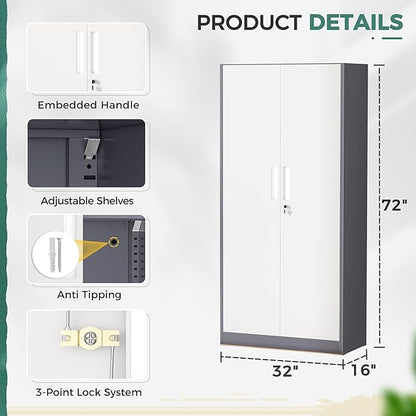 Greenvelly Metal Garage Storage Cabinet, Tall Steel Storage Cabinets with 2 Doors and 4 Adjustable Shelves, Metal Tool Cabinets, Locking File Cabinet for Home Office, Garage, School (Gray White)