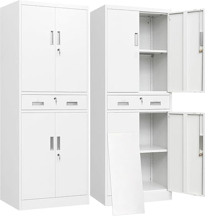 BESFUR Metal Storage Cabinet with a Drawer 4 Doors and 2 Adjustable Shelves Garage Storage Cabinet with Lock 71" Office Storage Cabinets Locking Cabinets for Garage Office Shop Home (White)