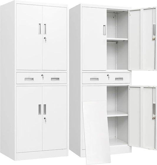 BESFUR Metal Storage Cabinet with a Drawer 4 Doors and 2 Adjustable Shelves Garage Storage Cabinet with Lock 71" Office Storage Cabinets Locking Cabinets for Garage Office Shop Home (White)