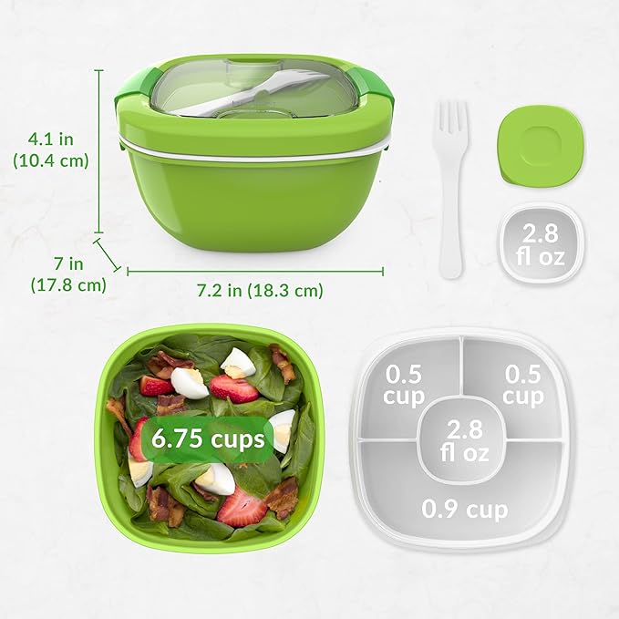 Bentgo Salad Container - 54 oz Bowl with 4-Compartment Toppings Tray, Leak-Proof Dressing Container, Reusable Fork, BPA-Free Lunch Box for Meal Prep & Food Storage; Removable Bento Tray (Green)
