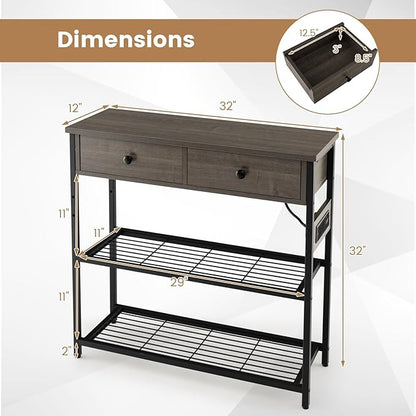 GOFLAME Console Table with Power Outlet, Narrow Entry Table with Drawers, 2 AC Outlets & 2 USB Ports, Sofa Table for Living Room Behind Couch, Living Room, Foyer, Grey Oak