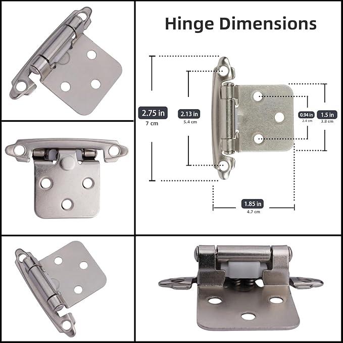 DecoBasics Cabinet Hinges Brushed Nickel for Kitchen Cabinets Doors (25 Pair -50 Pcs) -1/2" Overlay (Variable) -Self Closing Kitchen Cabinet Hinges Flush Mount w/Silicon Bumpers & Hardware Screws