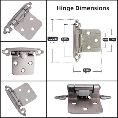 DecoBasics Cabinet Hinges Brushed Nickel for Kitchen Cabinets Doors (25 Pair -50 Pcs) -1/2" Overlay (Variable) -Self Closing Kitchen Cabinet Hinges Flush Mount w/Silicon Bumpers & Hardware Screws