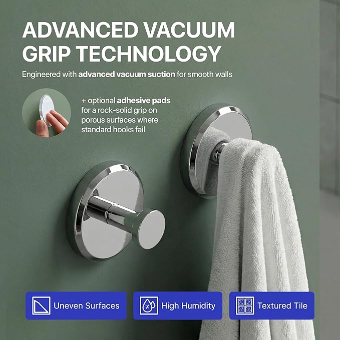 HOME SO Suction Cup Hooks for Shower & Bathroom Towel Holder 2-Pack – Suction Cups Hooks for Hanging Towels, Robes, & Coats - Tiles, Glass Door or Mirror – Shower Hooks & Towel Hooks Organizer -Chrome