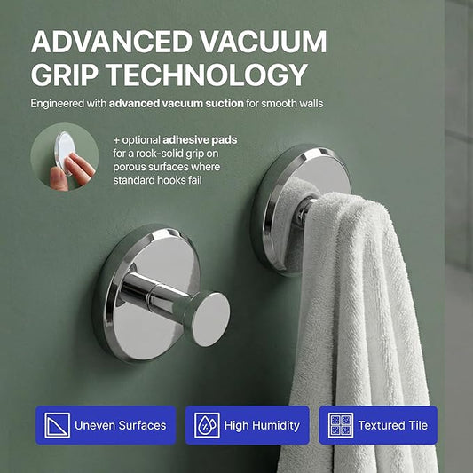 HOME SO Suction Cup Hooks for Shower & Bathroom Towel Holder 2-Pack – Suction Cups Hooks for Hanging Towels, Robes, & Coats - Tiles, Glass Door or Mirror – Shower Hooks & Towel Hooks Organizer -Chrome