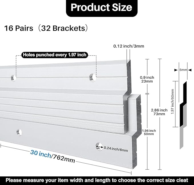 French Cleat Hanger 30 inch - 16 Pairs Heavy Duty Aluminum Alloy Picture Hanging Kit Z Bar Clips Wall Mounting 200 lbs Load Interlocking Brackets Mirror Hanging Hardware Frame Hanger