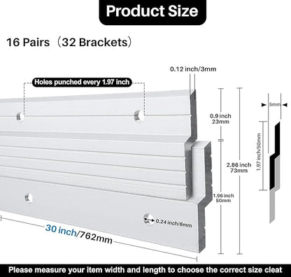 French Cleat Hanger 30 inch - 16 Pairs Heavy Duty Aluminum Alloy Picture Hanging Kit Z Bar Clips Wall Mounting 200 lbs Load Interlocking Brackets Mirror Hanging Hardware Frame Hanger