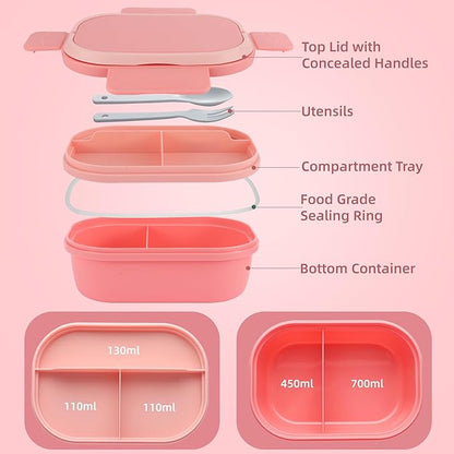 Leakproof Lunch Box, Drop-Proof Bento Box for Kids & Adults, BPA-Free Lunch Containers with Sleek Handles & Utensils, Microwave & Dishwasher Safe (Pink)