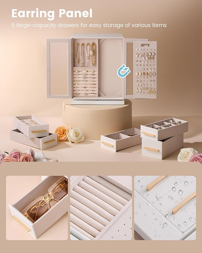 Lolalet Rotating 360° Jewelry Box, Clear Window Jewellery Storage for Earrings Bracelets Necklaces Rings, Large Vertical Organizer for Women, Valentine's Day Gift -White