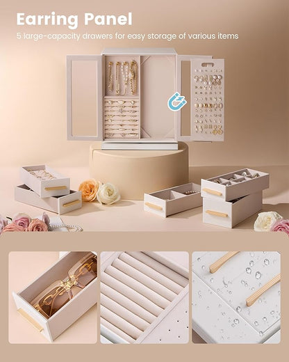 Lolalet Rotating 360° Jewelry Box, Clear Window Jewellery Storage for Earrings Bracelets Necklaces Rings, Large Vertical Organizer for Women, Valentine's Day Gift -White