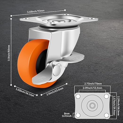 Caster Wheels, 2.5 Inch Casters Set of 8, Heavy Duty Casters with Brake, Locking Castors with Polyurethane Wheel，Small Plate Swivel Caster Wheels for Furniture Carts,Workbench,Pack of 8