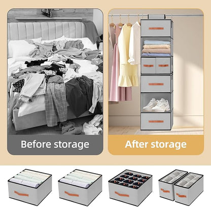 Hanging Closet Organizer 6-Shelf, Upgrade Hanging Shelves for Closet with 5 Removable Drawers & Side Pockets, Hanging Shelf Organizer for Bedroom or Garment Rack, 12.6'' x 12.6'' x 44.1'', Gray