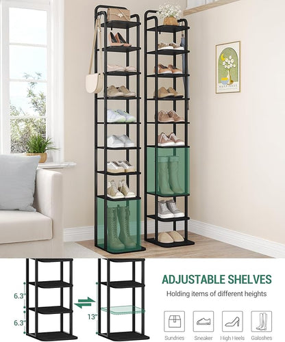 Vertical Shoe Rack, Shoe Shelves, Wood Shoe Organizer for Closet, Entryway, Shoe Tower for Small Spaces, Free Standing, Adjustable, with 2 Hooks, 10 Tier Black SR11204B