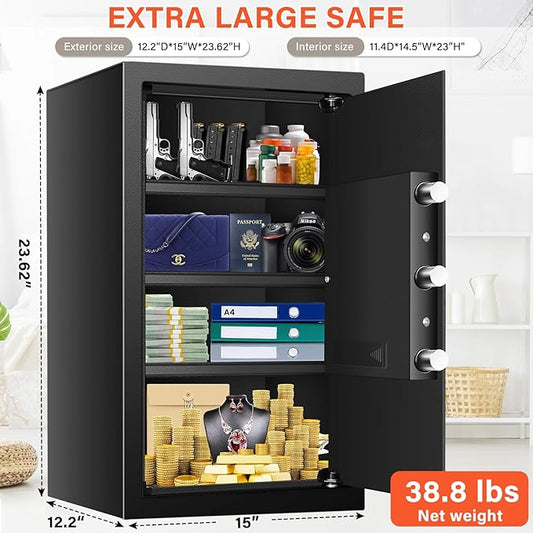 23.62'' Tall Extra Large Home Safe Box, Safe with Fireproof Waterproof Document Bag, Digital Keypad and 3 Removable Steel Shelves, Security Box for Money Medicines Jewelry Valuables