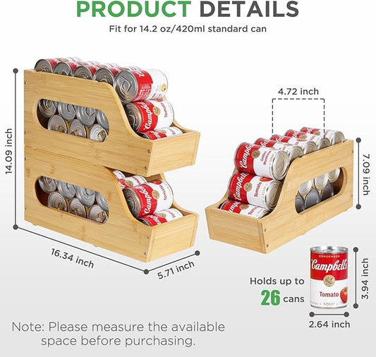 2 Pack Bamboo Can Organizer for Pantry, Soup Can Dispenser Rack Drink Holders Stackable Canned Foods can Storage for Pantry Kitchen Cabinet Up To 26 Cans