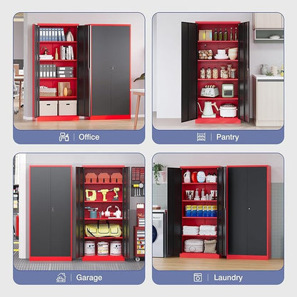Metal Garage Cabinet,71" Lockable Storage Cabinet with 2 Doors and 5 Adjustable Shelves,Tall Steel Cabinets for Garage,Home Office,Basement,School,Hospital(Black & Red)