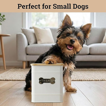 Dog Treat Container Airtight - 6 Inch Wide x 8 Inch Tall Iron Dog Treat Jar for Kitchen Counter with Airtight Bamboo Lid - 12 Cup Capacity Pet Treat Container - Doggie Cookie Jar - Big Treats Canister