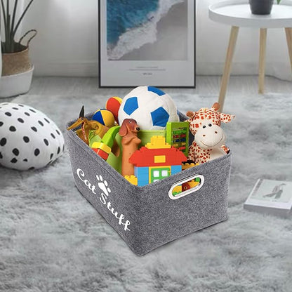 Felt Cat Toy Basket,Foldable Pet Toy Storage Bins with Handles, Pet Stuff Organizer for Indoor Cat,Kitten Toy Storage Bed for Organizing Cat Toys Treats Clothes and Accessories