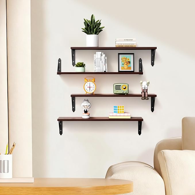 Wood Floating Shelves Set of 4, Rustic Storage Decor Wall Shelves, Wall Mounted Shelf for Living Room, Bedroom 23.6" x 6", Brown