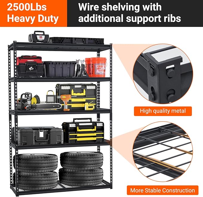 GarveeHome Garage Shelving, Heavy Duty Garage Shelving 48" L x 18" W x 72" H, 2500 LBS Load Bearing Storage Shelves Adjustable, Durable Metal Storage Shelves, Easy Assemble for Garage, Basement