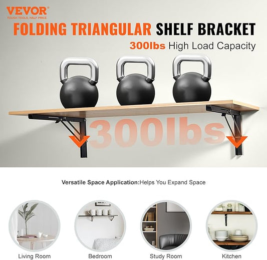 VEVOR Folding Shelf Brackets, 24" Heavy Duty Shelf Brackets, Brackets for Shelves, 5mm Thick L Shelf Bracket, Steel Shelving Brackets with 300 lbs Load Capacity, Matte Black 2 Pcs