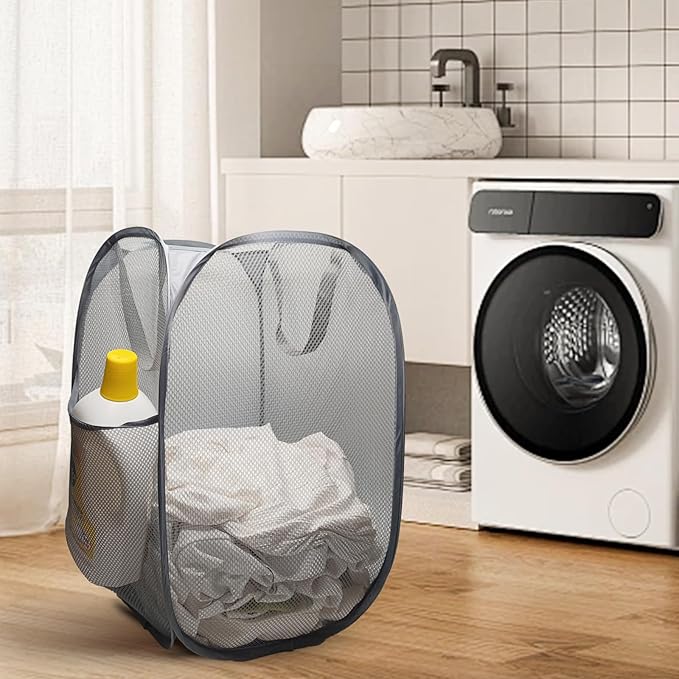 The upgraded pop-up laundry basket features a breathable side pocket mesh design, making it ideal for rooms, apartments, dormitories, travel, business trips, and children's storage(1, Gray)