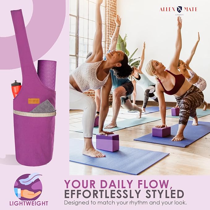 ALLEN & MATE 100% Cotton Yoga Mat Bag for Women and Men, Large Pocket with Zipper Storage, Shoulder Strap Carrier for Yoga and Pilates Mats