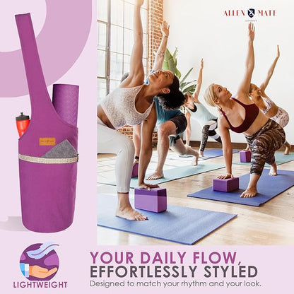 ALLEN & MATE 100% Cotton Yoga Mat Bag for Women and Men, Large Pocket with Zipper Storage, Shoulder Strap Carrier for Yoga and Pilates Mats