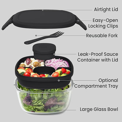 Bentgo Glass Salad Container - 7.6-Cup Salad Bowl with Airtight Lid, Leak-Proof Sauce Container, 4-Compartment Bento Tray & Reusable Fork - BPA-Free for Meal Prep, Office & More (Black Onyx)