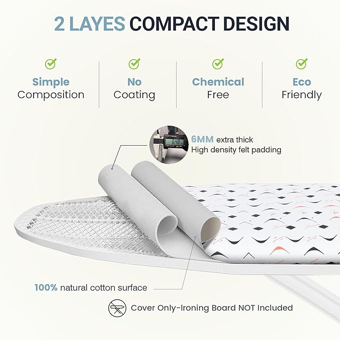 Ironing Board Cover and Pad 15"x54" Extra Thick Natural Cotton, Scorch and Stain Resistant Padding, Standard Size Iron Board Cover with Fasteners Heavy Duty Elastic Edge, Heatproof Boomerang