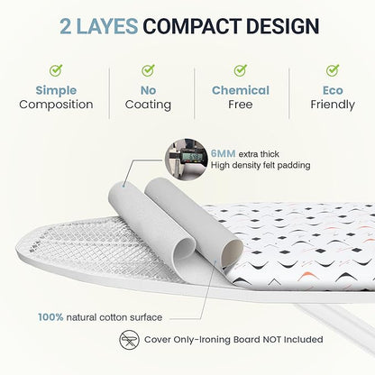 Ironing Board Cover and Pad 15"x54" Extra Thick Natural Cotton, Scorch and Stain Resistant Padding, Standard Size Iron Board Cover with Fasteners Heavy Duty Elastic Edge, Heatproof Boomerang