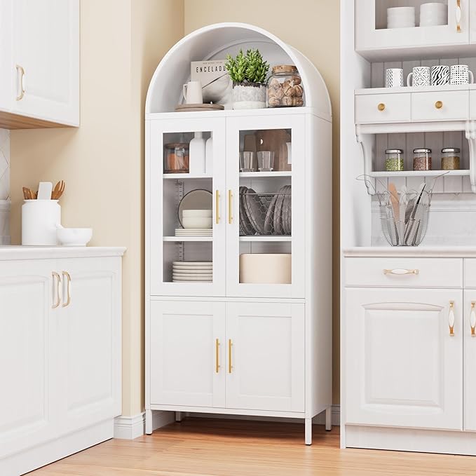 Metal White Arched Pantry Cabinet with 4 Doors,Arched Bookcase Cabinet with 2 Adjustable Shelves for Kitchen Home Office,Required Assembly
