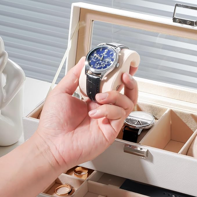 ProCase Watch Box, 6 Slot Watches Display Case with Drawer, Mens Watch Case with Glass Lid, 2-Layer Mens Jewelry Organizer Storage Holder, Birthday Valentine Gifts for Men -6 Slot, White