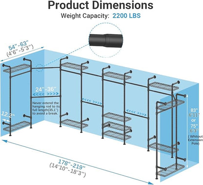 Timate U4 U Shape Garment Rack Heavy Duty Clothes Rack for Hanging Clothes, Expandable Industrial Pipe Clothing Rack Wall Mounted Closet Extra Large Closet Rack Walk in Closet System, Closet Kit Black