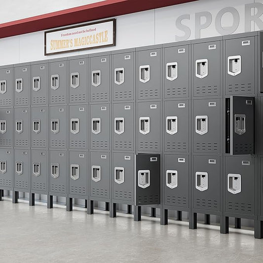 Metal Storage Locker with Lock & Card Slot Locker - Secure Lockable Door - Steel Locker for School, Office, Gym, Home - 66.15" H x 11.8" W x 11.8" D（3 Door, Grey）