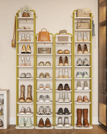 10 Tiers Vertical Shoe Rack, Narrow Shoe Tower, Tall Shoes Shelf with 2 Hooks, Adjustable Shelves, Corner Shoes Shelves for Small Spaces, Entryway, Living Room, White Gold SR11213A
