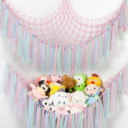 Stuffed Animal Hammock with LED Lights - 59 Inch Large Toy Storage Net for Kids Bedroom, Wall-Mounted Plush Organizer with Wooden Rings, Nursery Decor (Handwoven, Pink)