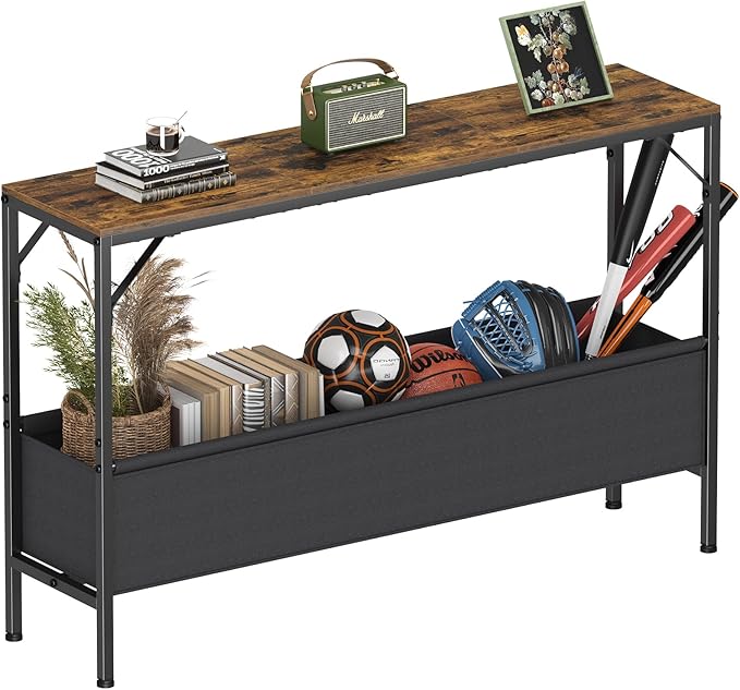 47.2'' Console Table, 9.5" D Entryway Table with Storage Basket, Narrow Sofa Table, Behind Couch Table for Hallway, Foyer, Corridor, Living Room, Rustic Brown