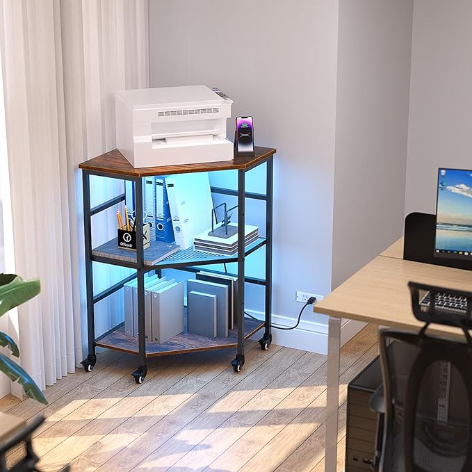 HAIOOU Corner Printer Stand Table with Power Outlet Charging Plugs USB Port & LED Lights, 3-Tier Corner Table with Wheel, Metal Frame Adjustable Storage Shelf for Home Office Kitchen