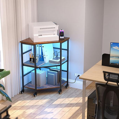 HAIOOU Corner Printer Stand Table with Power Outlet Charging Plugs USB Port & LED Lights, 3-Tier Corner Table with Wheel, Metal Frame Adjustable Storage Shelf for Home Office Kitchen
