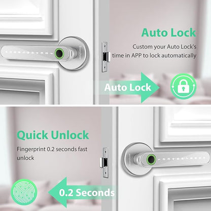 Smart Door Lock with Knob, Keyless Entry Door Locks with Handle, Fingerprint Door Knob for Bedroom/Front Door/Apartment,Generate Passcode Remotely Silver