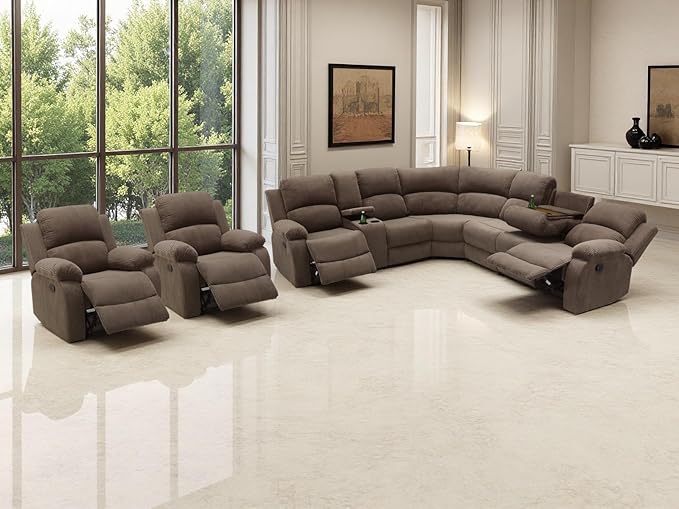 5PCS Brown Reclining Sectional Sofa Set with 2 Recliner Chairs, Living Room Furniture Sets, Corduroy Reclining Couch with 5 Recliner Seats, Drop-Down Table, Cup Holders for Living Room