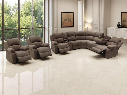 5PCS Brown Reclining Sectional Sofa Set with 2 Recliner Chairs, Living Room Furniture Sets, Corduroy Reclining Couch with 5 Recliner Seats, Drop-Down Table, Cup Holders for Living Room